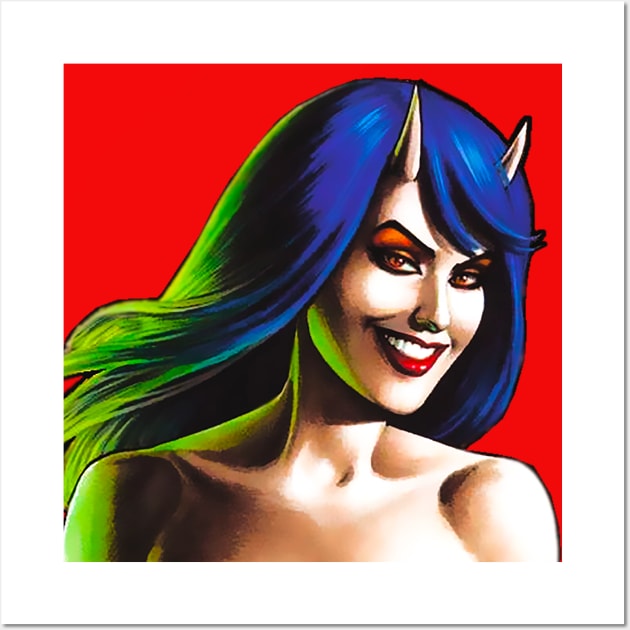 Devilish girl with horns and blue hair Wall Art by Marccelus